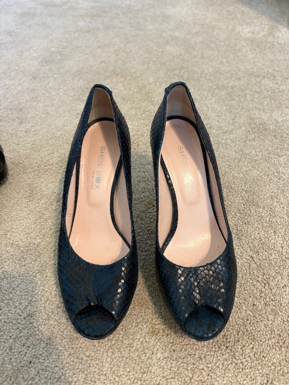 Navy blue faux snakeskin heels